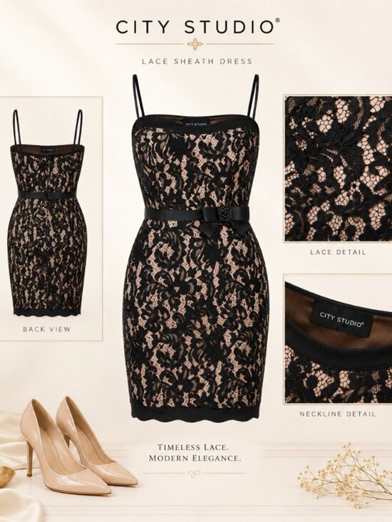 City Studio Dresses & Skirts - City Studio Black Nude Floral Lace Bow Bodycon Dress Size 3 NWT